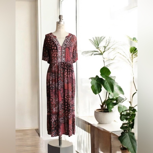 KNOX ROSE BOHO folk style Floral Patchwork Dress - Brown, Pink, and Black - Picture 1 of 8